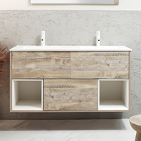 Hängender Waschtischunterschrank 1212mm inkl. Elements-Doppelwaschbecken in Weiß (Chalk) mit LED-Beleuchtung - helle Eiche - Hoxton