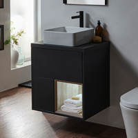 Hängender Waschtischunterschrank 600mm inkl. eckigem Aufsatzwaschbecken mit LED - Schwarzgrau – Hoxton