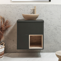 Hängender Waschtischunterschrank 600mm inkl. ovalem Elements-Aufsatzwaschbecken in Beige (Sand) Schwarzgrau - Hoxton