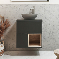 Hängender Waschtischunterschrank 600mm inkl. ovalem Elements-Aufsatzwaschbecken in Grau (Pebble) mit LED-Beleuchtung - Schwarzgrau - Hoxton