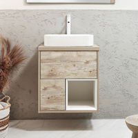 Hängender Waschtischunterschrank 600mm inkl. rechteckigem Elements-Aufsatzwaschbecken in Weiß (Chalk) mit LED-Beleuchtung - helle Eiche - Hoxton