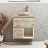 Hängender Waschtischunterschrank 600mm inkl. rundem Elements-Aufsatzwaschbecken in Beige (Sand) helle Eiche - Hoxton