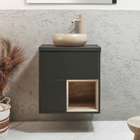 Hängender Waschtischunterschrank 600mm inkl. rundem Elements-Aufsatzwaschbecken in Beige (Sand) Schwarzgrau - Hoxton