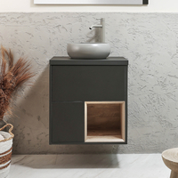 Hängender Waschtischunterschrank 600mm inkl. rundem Elements-Aufsatzwaschbecken in Grau (Pebble) mit LED-Beleuchtung - Schwarzgrau - Hoxton