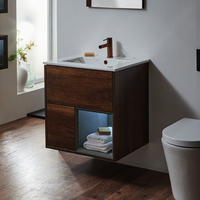 Hängender Waschtischunterschrank 600mm inkl. Waschbecken mit Marmor-Optik mit LED-Beleuchtung - dunkle Eiche - Hoxton