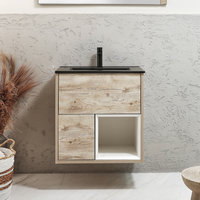 Hängender Waschtischunterschrank 612mm inkl. Elements-Waschbecken in Graphit mit LED-Beleuchtung - helle Eiche - Hoxton