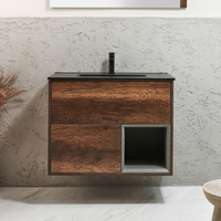 Hängender Waschtischunterschrank 800mm inkl. Elements-Waschbecken in Schwarz (Graphite) - dunkle Eiche - Hoxton