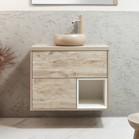 Hängender Waschtischunterschrank 800mm inkl. rundem Elements-Aufsatzwaschbecken in Beige (Sand) helle Eiche - Hoxton