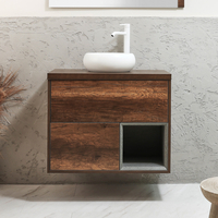 Hängender Waschtischunterschrank 800mm inkl. rundem Elements-Aufsatzwaschbecken in Weiß (Chalk) mit LED-Beleuchtung - dunkle Eiche - Hoxton