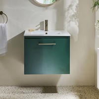 Hängender Waschtischunterschrank mit Waschbecken 600mm Dunkelgrün - inkl. modernem Möbelgriff in gebürtetem Messing – Cluo