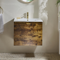 Hängender Waschtischunterschrank mit Waschbecken 600mm dunkle Eiche - inkl. Griffleiste für Möbel in satiniertem Gold – Cluo