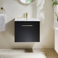 Hängender Waschtischunterschrank mit Waschbecken 600mm Schwarzgrau - inkl. modernem Möbelgriff in satiniertem Gold – Cluo