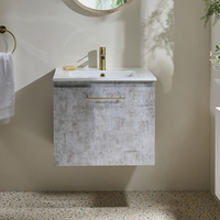 Hängender Waschtischunterschrank mit Waschbecken 600mm Steingrau - inkl. modernem Möbelgriff in satiniertem Gold – Cluo