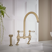 Küchen-Brückenarmatur mit ausziehbarer Spülbrause und schwenkbarem Hahn,  in gebürstetem Gold – Elizabeth Hudson Reed