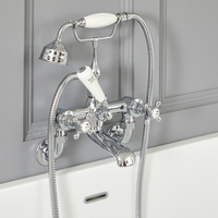 Retro Badewannenarmatur mit Kreuzgriff & Brause zur Wandmontage,  Chrom und Weiß - Elizabeth,  Hudson Reed