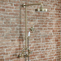 Steampunk Duschsäule mit rundem Duschkopf & Handbrause in gebürstetem Gold – Zandra Hudson Reed