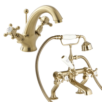 Traditionelle 1-Loch Waschtischarmatur & Badewannenarmatur mit Kreuzgriffen satiniertes Gold - Elizabeth