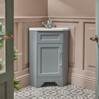 Traditioneller Eckwaschtischunterschrank mit Waschbecken,  580mm - Hellgrau - inkl. klassischem Möbelgriff in Chrom - Thornton