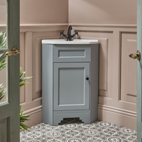 Traditioneller Eckwaschtischunterschrank mit Waschbecken,  580mm - Hellgrau - inkl. Möbelknauf in Schwarz - Thornton