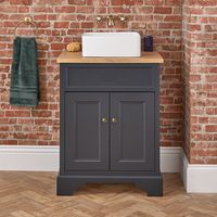 Traditioneller Waschtischunterschrank 645mm mit eckigem Aufsatzwaschbecken Grauschwarz - inkl. Möbelknäufen in gebürstetem Messing - Thornton