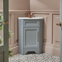 Traditioneller Waschtischunterschrank mit Waschbecken 580mm - Hellgrau - inkl. klassischen Möbelgriffen in satiniertem Kupfer - Thornton