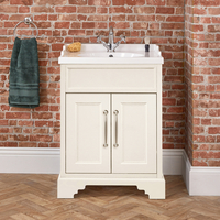 Traditioneller Waschtischunterschrank mit Waschbecken 635mm - Antikes Weiß - inkl. klassischen Möbelgriffen in gebürsteter Bronze - Thornton