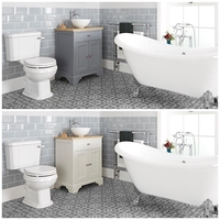 Traditionelles Bad Komplettset - mit freistehender Badewanne,  Stand-WC,  Aufsatz-Waschbecken mit Unterschrank (B 645mm) - Thornton