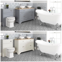 Traditionelles Bad Komplettset - mit freistehender Badewanne,  WC mit verkleidetem Spülkasten,  Doppel-Aufsatzwaschbecken mit Unterschrank (B 1200) - Thornton