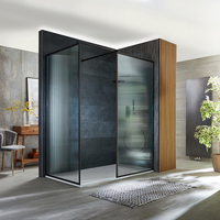 Walk-In Dusche mit geriffeltem Glas & Rahmen Schwarz,  Eckeinbau-inkl. Duschwanne mit Schiefer-Effekt Weiß 1500mm x 800mm -Florence