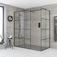 Walk-In Dusche mit Gittermuster,  Eckeinbau,  Schwarz - inkl. 1200 x 900 Duschwanne mit Schiefer-Effekt in Hellgrau - Barq