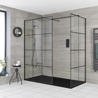 Walk-In Dusche mit Gittermuster,  für Eckeinbau - inkl. Duschwanne mit Schiefer-Effekt (Finish wählbar) – wählbare Größen – Barq