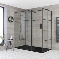 Walk-In Dusche mit Gittermuster und Seitenpaneel,  Eckeinbau - inkl. 1200 x 800 Duschwanne mit Schiefer-Effekt in Anthrazit - Barq