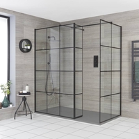 Walk-In Dusche mit Gittermuster und Seitenpaneel,  Eckeinbau - inkl. 1200 x 900 Duschwanne mit Schiefer-Effekt in Hellgrau - Barq