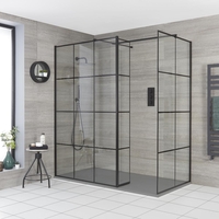 Walk-In Dusche mit Gittermuster und Seitenpaneel,  Eckeinbau - inkl. 1800 x 900 Duschwanne mit Schiefer-Effekt in Hellgrau - Barq