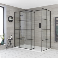 Walk-In Dusche mit Gittermuster und Seitenpaneel,  für Eckeinbau - inkl. 1400 x 900 Duschwanne mit Schiefer-Effekt in Weiß - Barq