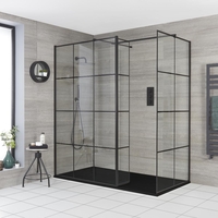 Walk-In Dusche mit Gittermuster und Seitenpaneel,  für Eckeinbau - inkl. Duschwanne mit Schiefer-Effekt (Finish wählbar) – wählbare Größen – Barq