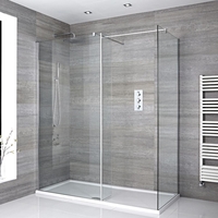 Walk-In Dusche mit Seitenpaneel,  Chrom,  für Eckeinbau – inkl. weißer Duschwanne – Größe wählbar – Portland