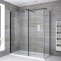 Walk-In Dusche mit Seitenpaneel,  Schwarz,  für Eckeinbau – inkl. weißer Duschwanne – Größe wählbar – Nox