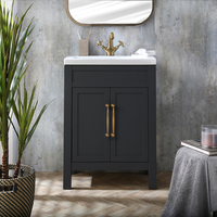 Waschtisch mit Unterschrank und Waschbecken Schwarzgrau,  600mm - klaschischen Möbelgriffen in gebürstetem Messing - Warwick