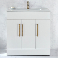 Waschtischunterschrank mit Waschbecken 800mm Weiß - inkl. modernen Möbelgriffen in gebürtetem Messing – Cluo