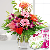 Blumenstrauß Herzensfreude Rosa-Lila mit Pralinen & Hugo