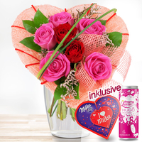 Blumenstrauß Rosenherz Rot-Rosa mit Milka-Pralinen & Hugo