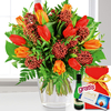 Blumenstrauß Tulpenfeuerwerk mit Vase,  Lindt-Schokolade & Perlwein