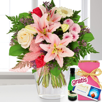 Blumenstrauß Zauberhaft mit Vase,  Lindt-Schokolade & Perlwein