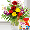 Strauß Herzensfreude Rot-Gelb mit Vase,  Lindt-Schokolade & Secco