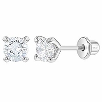 4-mm-Ohrstecker aus 925er Sterlingsilber aus klarem Zirkonia mit Sicherheitsschraube für Kleinkinder - klassische Solitär-Ohrringe mit vier Zinken und rundem Schliff und simuliertem Diamant für