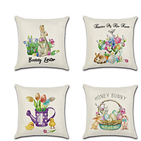 4 Stück Leinen Kissenbezug Ostern Hasen Eier Blumen rustikale Cartoon Wurfkissen Lightinthebox