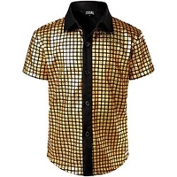 70er-Jahre-Disco-Hemden für Herren mit Metallic-Pailletten,  kurzärmliges Button-Down-Hemd,  Retro-Vintage-Kostüm der 1970er Jahre,  Performance,  Party,  Bühne,  Halloween Schlager Outfit