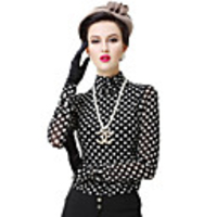 AOSBELL Damen Big Size hoher Kragen-Tupfen-Mesh-Langarm-Shirt (schwarz)