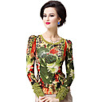 AOSBELL Damenmode Puff Langarm-Netz Printed Shirt (Screen Color)